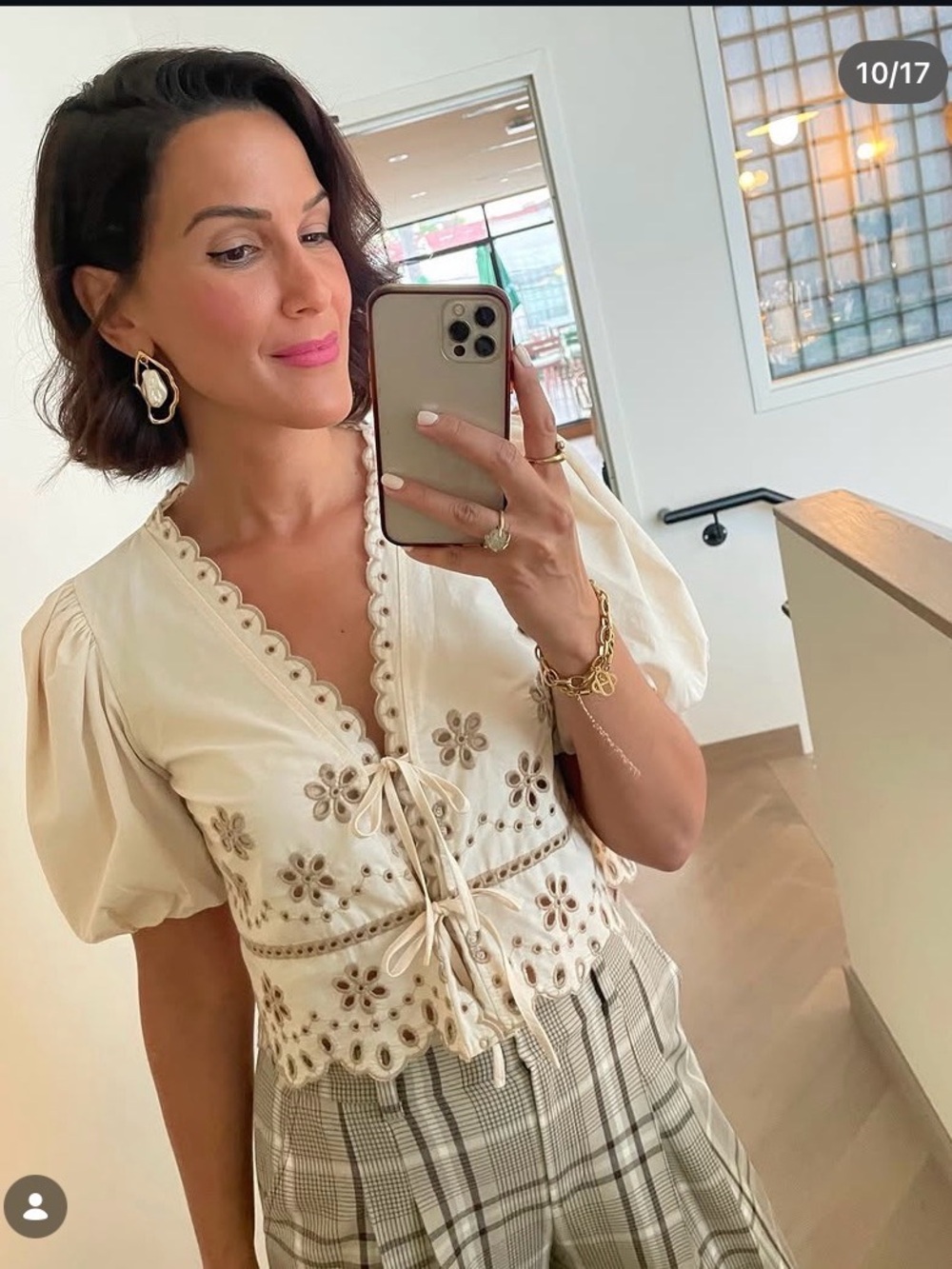 Moon River Eyelet Puff Sleeve Front-Tie Blouse- Beige